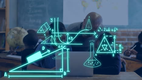 Animation of geometry equations over happy african american male teacher and schoolboys in class