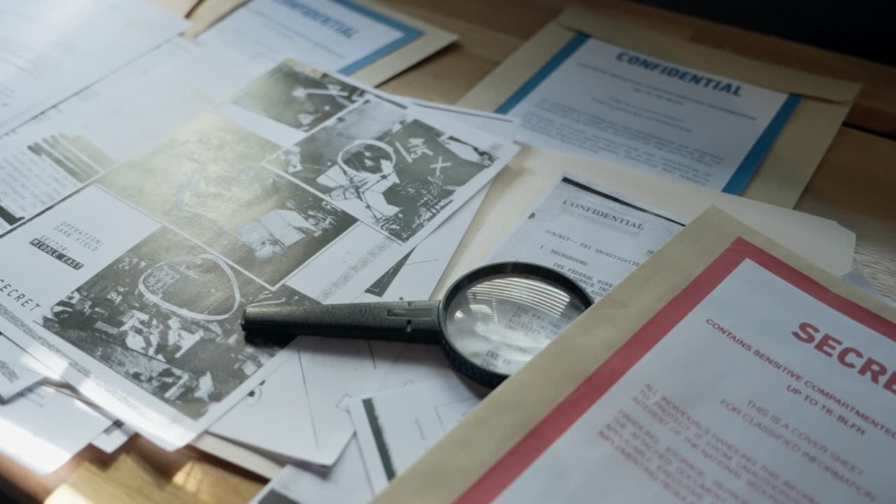 Secret and confidential folders on a cluttered office desk with magnifying glass. Espionage investigation and classified intelligence research. Special agent checking files or spy working on leaking