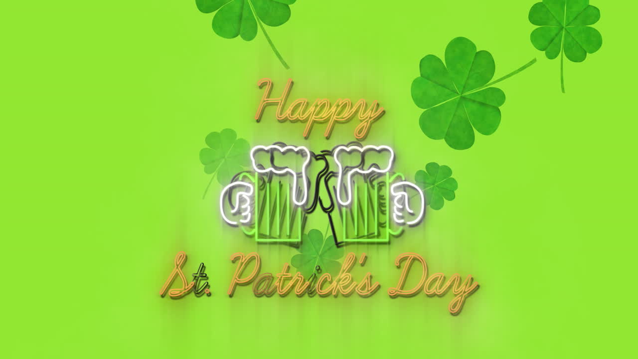 animación del texto del día de san patricio, trébol y vasos de cerveza sobre fondo verde