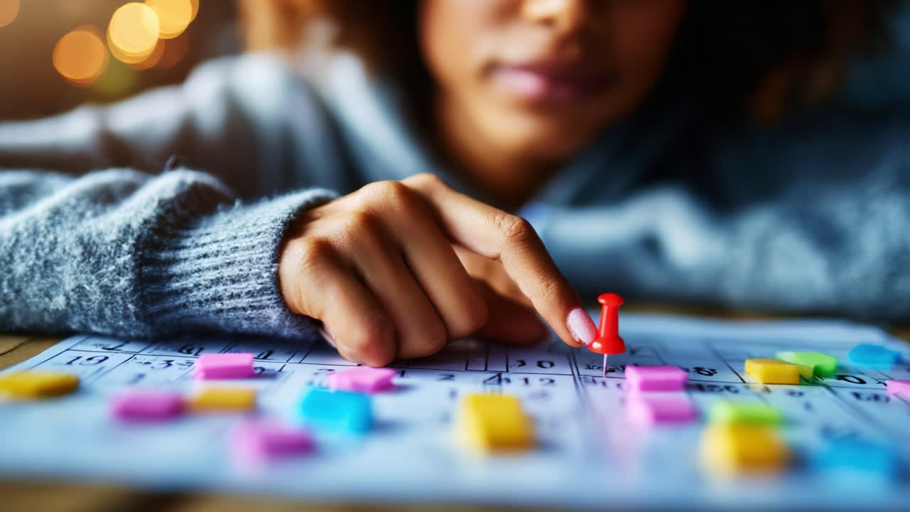 Focused on a Colorful Game Board, a Player Strategically Places a Red Pin on a Multicolored Grid of Tokens, Showcasing the Excitement of Board Game Playfulness and Strategy