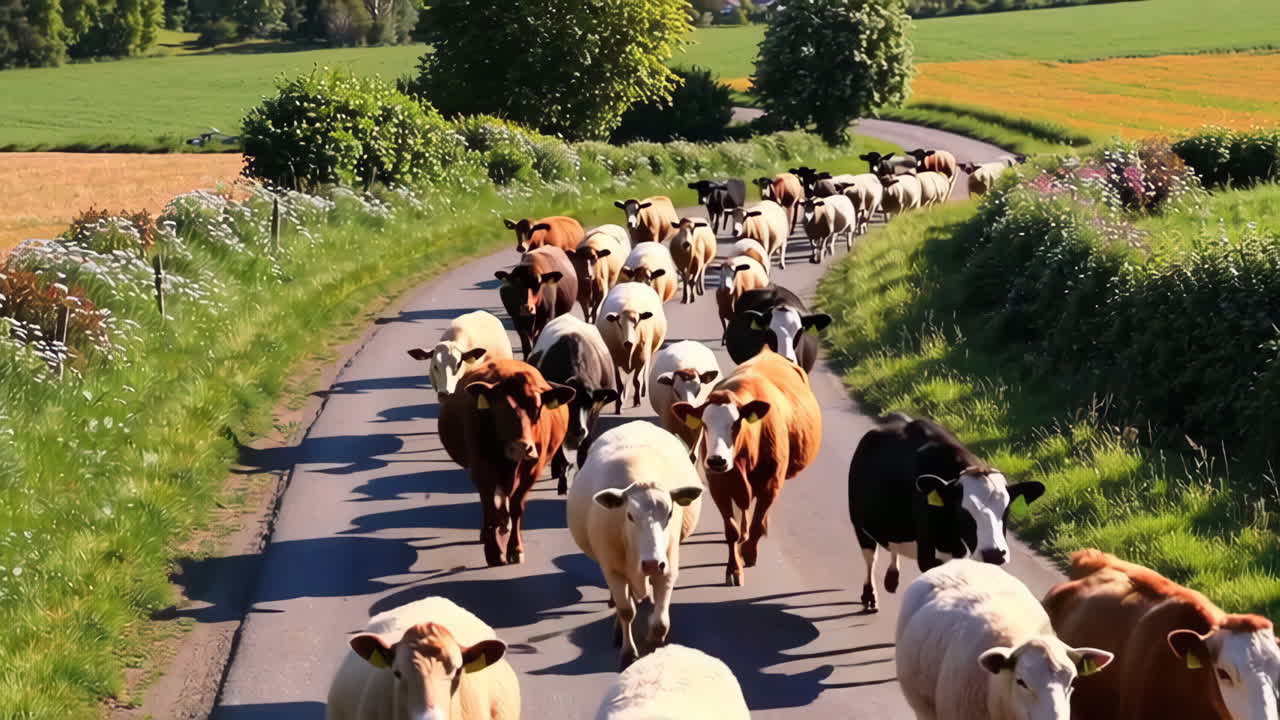 Cows Walking Along a Country Road