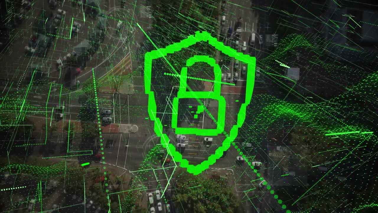 animazione dell'elaborazione dei dati e del lucchetto sul paesaggio urbano