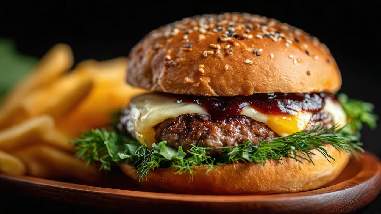 Un piacere gourmet: succoso hamburger di manzo con cheddar fuso, salsa saporita e tuorlo d'uovo dorato servito con patatine fritte croccanti su un rustico piatto di legno