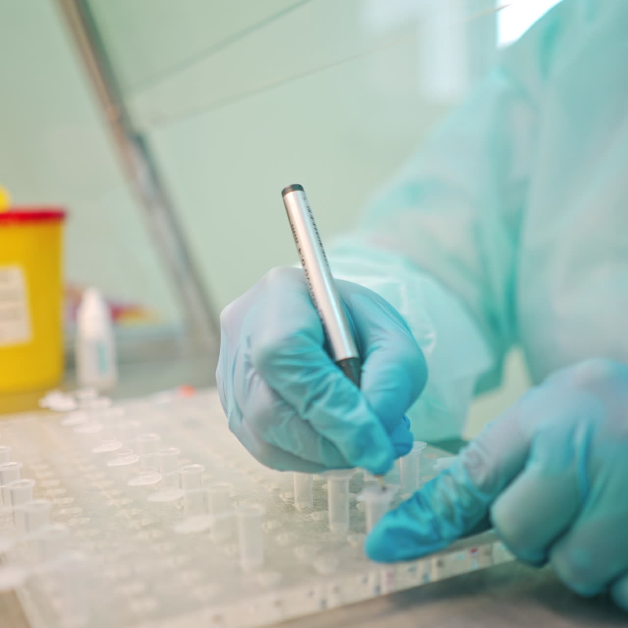 Laboratory worker writes on test tubes. Close-up hands in blue protective gloves writing with a pen on plastic vials.