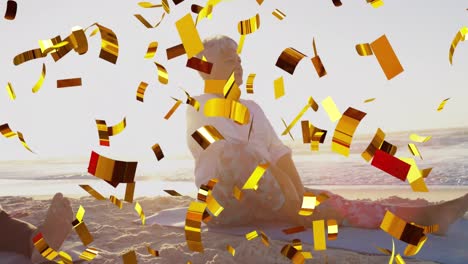 Animation-of-christmas-confetti-over-diverse-senior-couple-on-beach