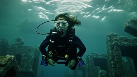 an adventurous diver explores an underwater ruin: captivating views of ancient structures surrounded by aquatic life and bubbles in a mysterious submarine world