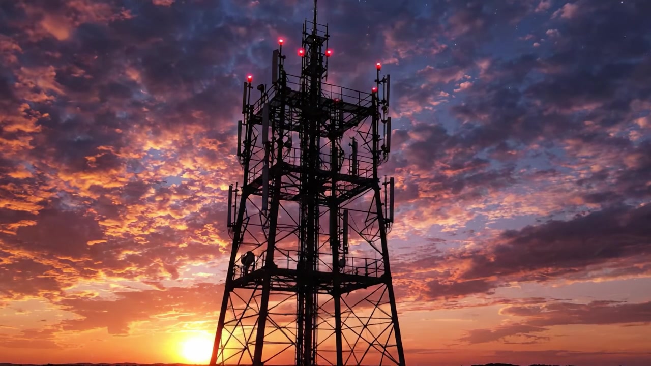 Uno splendido tramonto fa da sfondo a una torre di telecomunicazioni stagliata contro nuvole vivaci, catturando l'intersezione tra tecnologia e natura al crepuscolo.