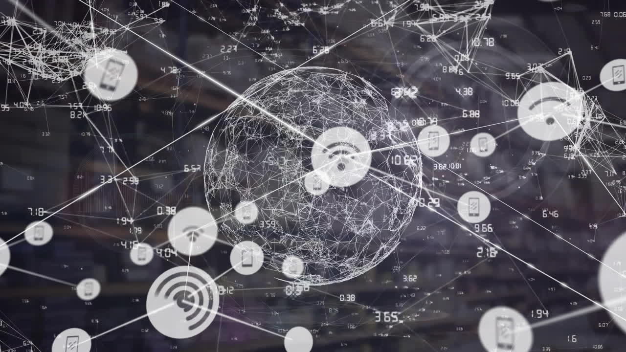 animación de la red de conexiones con iconos en todo el mundo y almacén