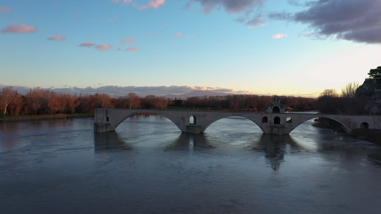 bridge over river Rhone morning drone Avignon France saint-bénézet arches
