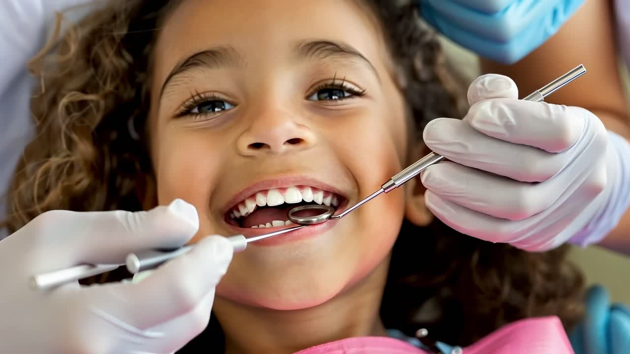 Close-up video of a child at the dentist, smiling as tools are used