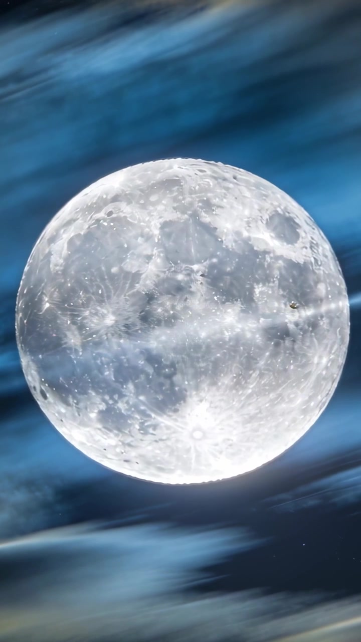 Video verticale: Nuvole grigie spinte dal vento che scivolano attraversando la luna quasi piena di notte, mostrando i crateri.