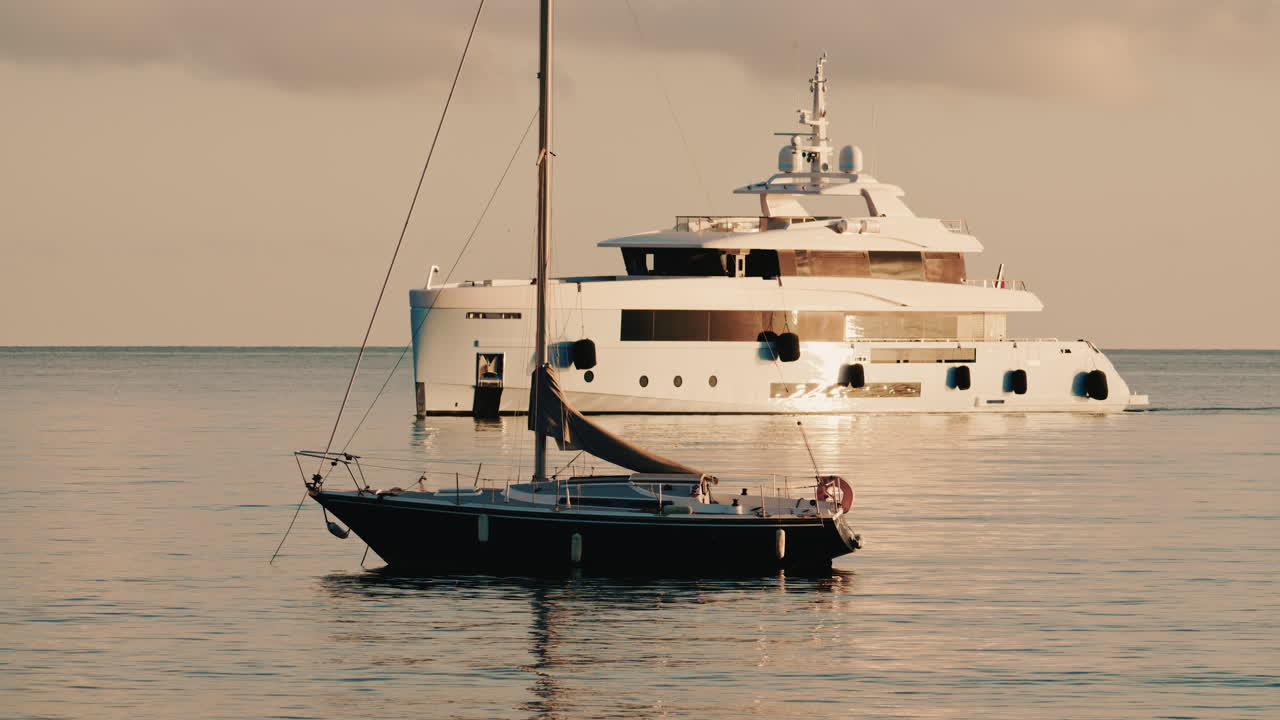 Yacht a motore di lusso ancorato in acque calme del Mediterraneo vicino alla Costa Azzurra, con una barca a vela più piccola in primo piano