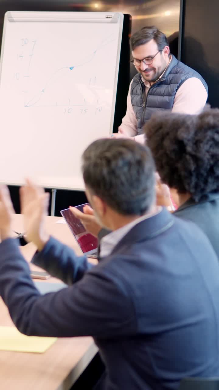Coworkers applauding during a colleague presentation of a project