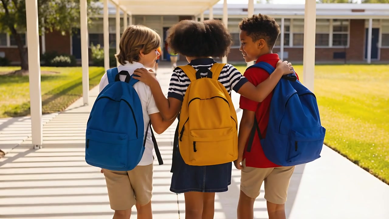 Un trio marchant à l'école, la jeune fille au centre portant un sac à dos jaune et une chemise rayée, les autres avec des sacs à dos bleus.