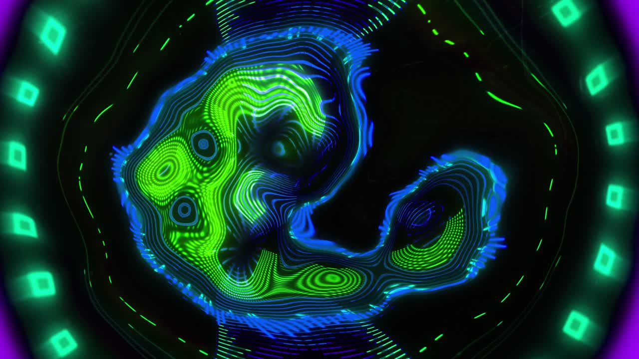 Digital animation of neon kaleidoscopic effect flowing texture effect on black background
