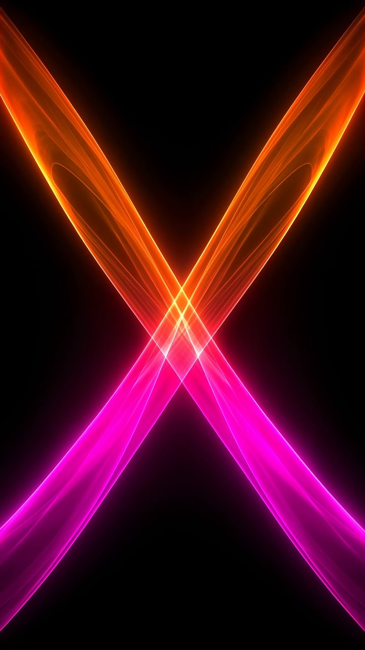 Nastri traslucidi specchiati formano un incrocio centrato, mentre le curve superiori arancioni calde e le curve inferiori magenta vivaci perdono costantemente luminosità su uno sfondo nero pulito