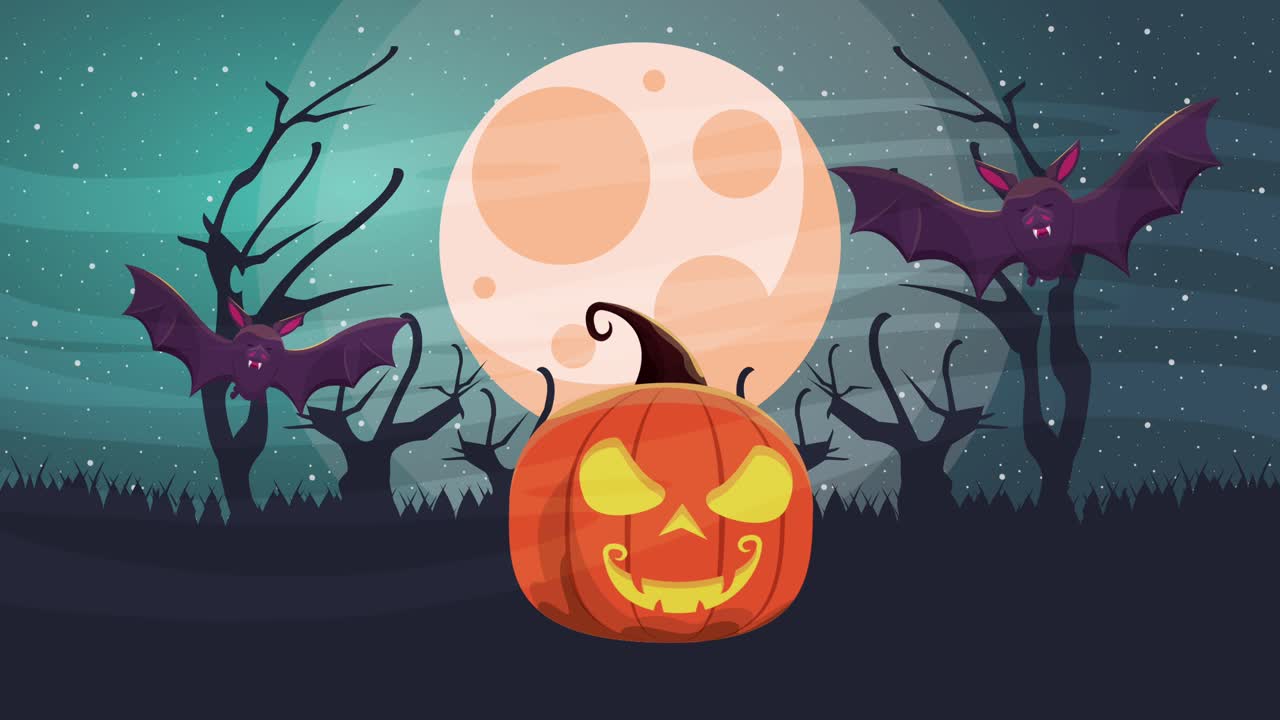 feliz escena animada de halloween con murciélagos volando y calabaza