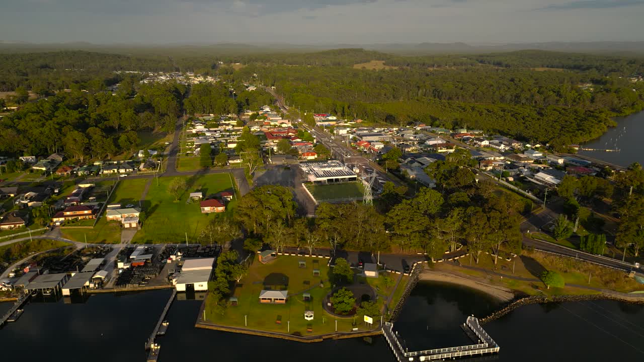 Left to right sunrise, aerial views in the regional town of Karuah, New South Wales, Australia.