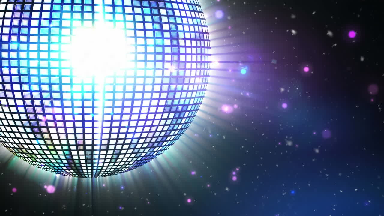 animación digital de una brillante pelota de discoteca girando contra puntos de luz sobre un fondo azul