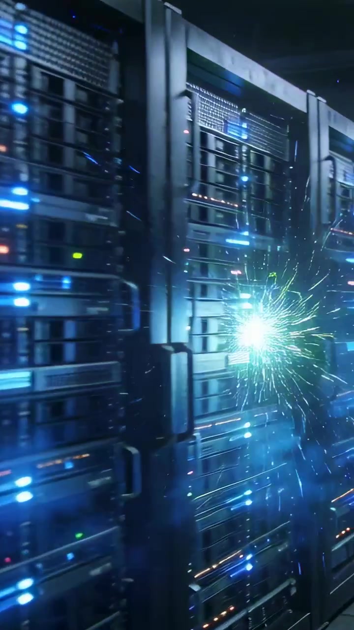 Vertical video: Bursting green light, server rack pulsing LEDs and mist swirling in data center