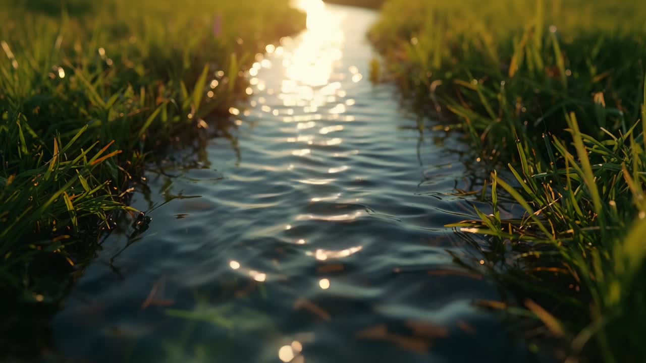 Tracking narrow water channel flowing through grass ripples shifting with sun glints and breeze