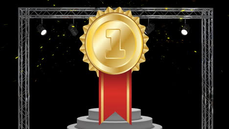 animation of gold medal with 1 text, confetti and podium in black frame on black background