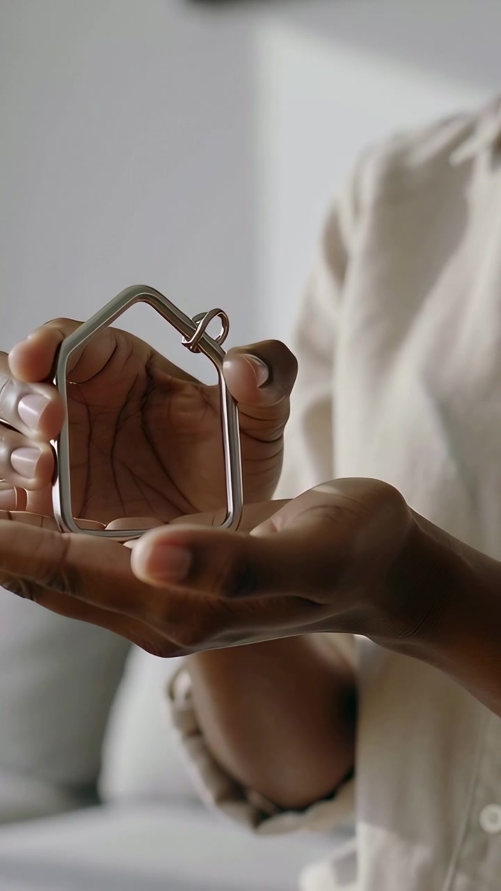 Vertical video: Camera framing adult hands in beige top turning metal house keyring, showing clasp