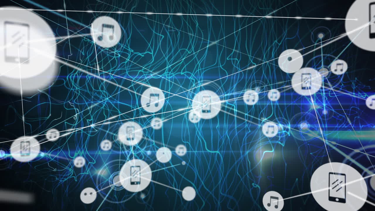 파란색 배경 위에 있는 빛의 흔적과 아이콘의 애니메이션