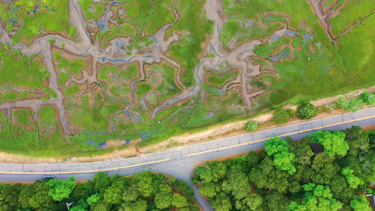 Top-down drone view captures winding tidal streams weaving through vibrant green marsh grasses and sandy patches, creating abstract natural shapes visible only from above