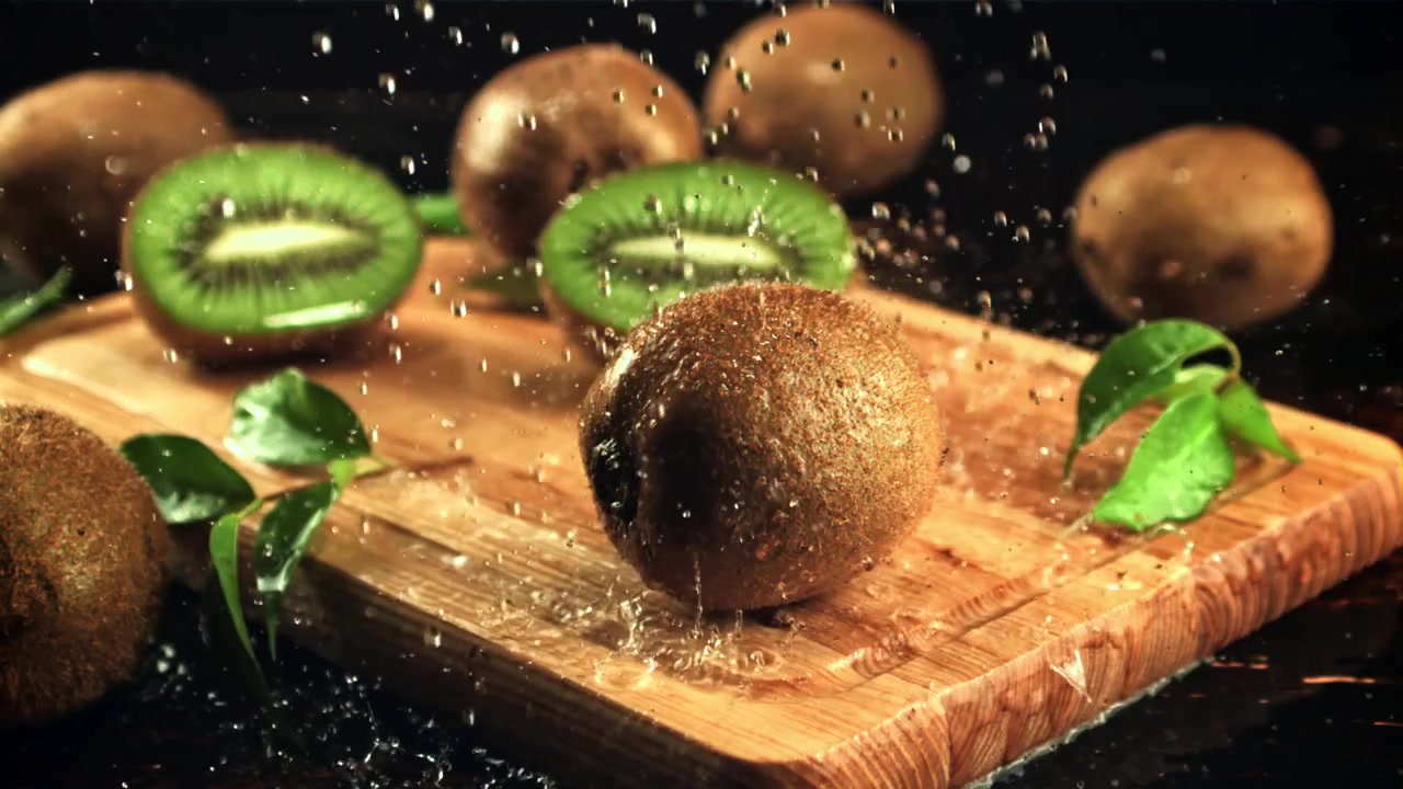 Kiwi fresco con gocce d'acqua su un tagliere di legno al rallentatore