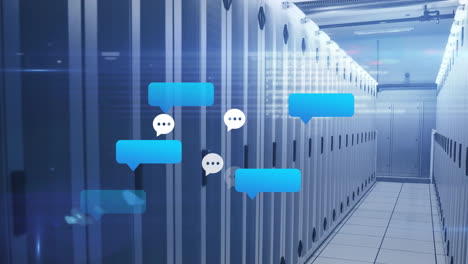 in data center, chat bubbles floating over server racks, creating animation effect