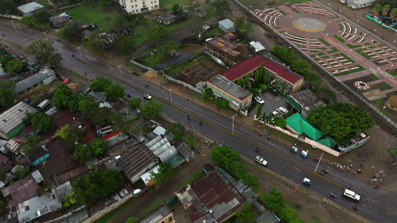 Aerial tilt over Jinka’s streets and homes in Ethiopia