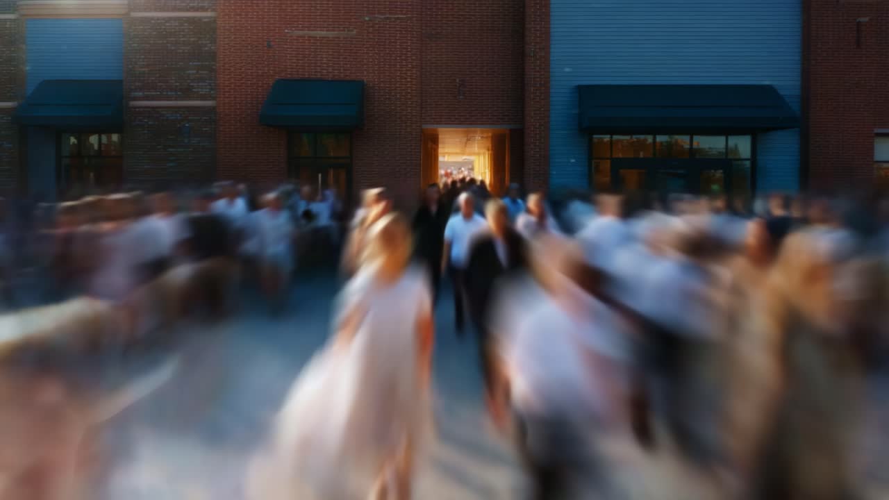 A bustling crowd moves toward a brightly lit doorway, showcasing the energy and excitement of a large gathering as people flow in and out amidst the blurred background