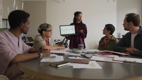 diverse business professionals collaborating in a meeting with laptop presentation