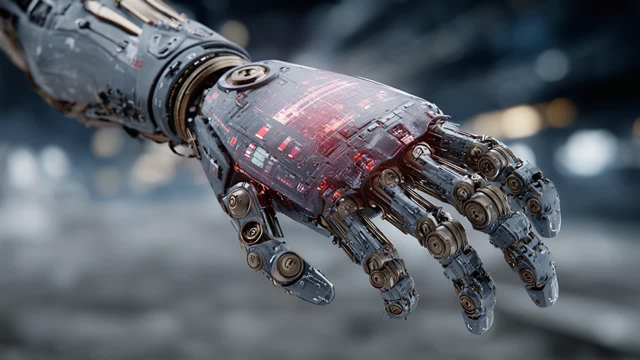 A Stunning Close-Up of an Advanced Robotic Hand Showcasing Intricate Details, Glowing Elements, and Futuristic Technology in a Sci-Fi Setting