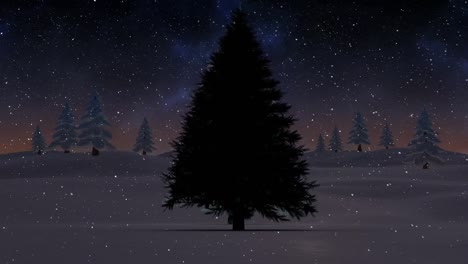 Animation-of-snow-falling-over-fir-trees-and-winter-landscape