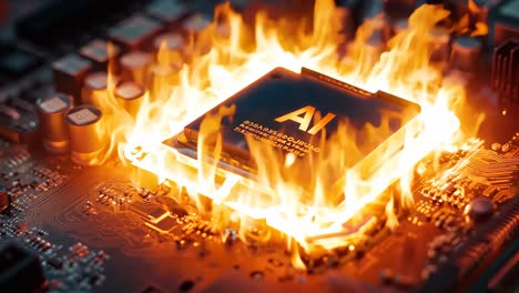 a computer chip on fire on top of a circuit board