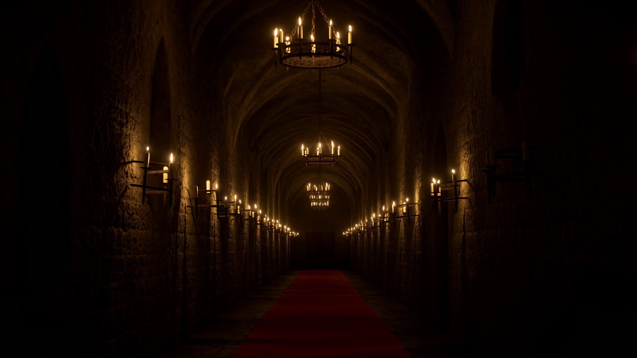 Candlelit Medieval Castle Corridor Red Carpet, Stone Arches And Wall Sconces Casting Warm Amber Glow, Hanging
