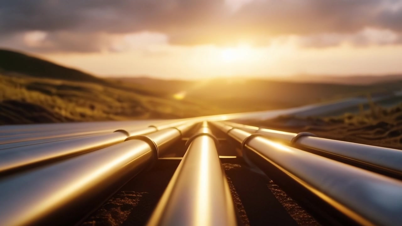 Golden Sunset Over Mountain Pipeline: A Serene View of Oil and Gas Infrastructure with Radiant Horizon and Flowing Nature Highlights