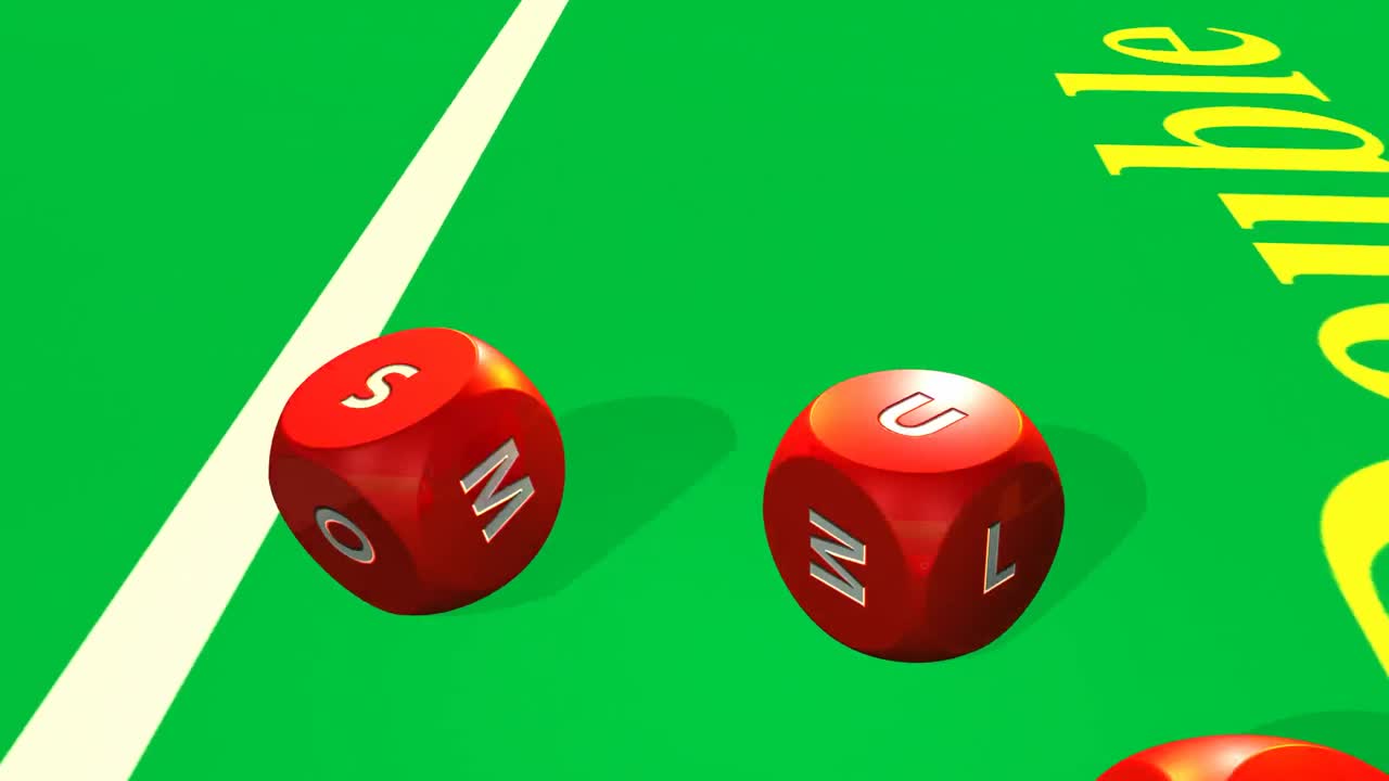 3D røde terninger der ruller ind i et lyst casinomiljø