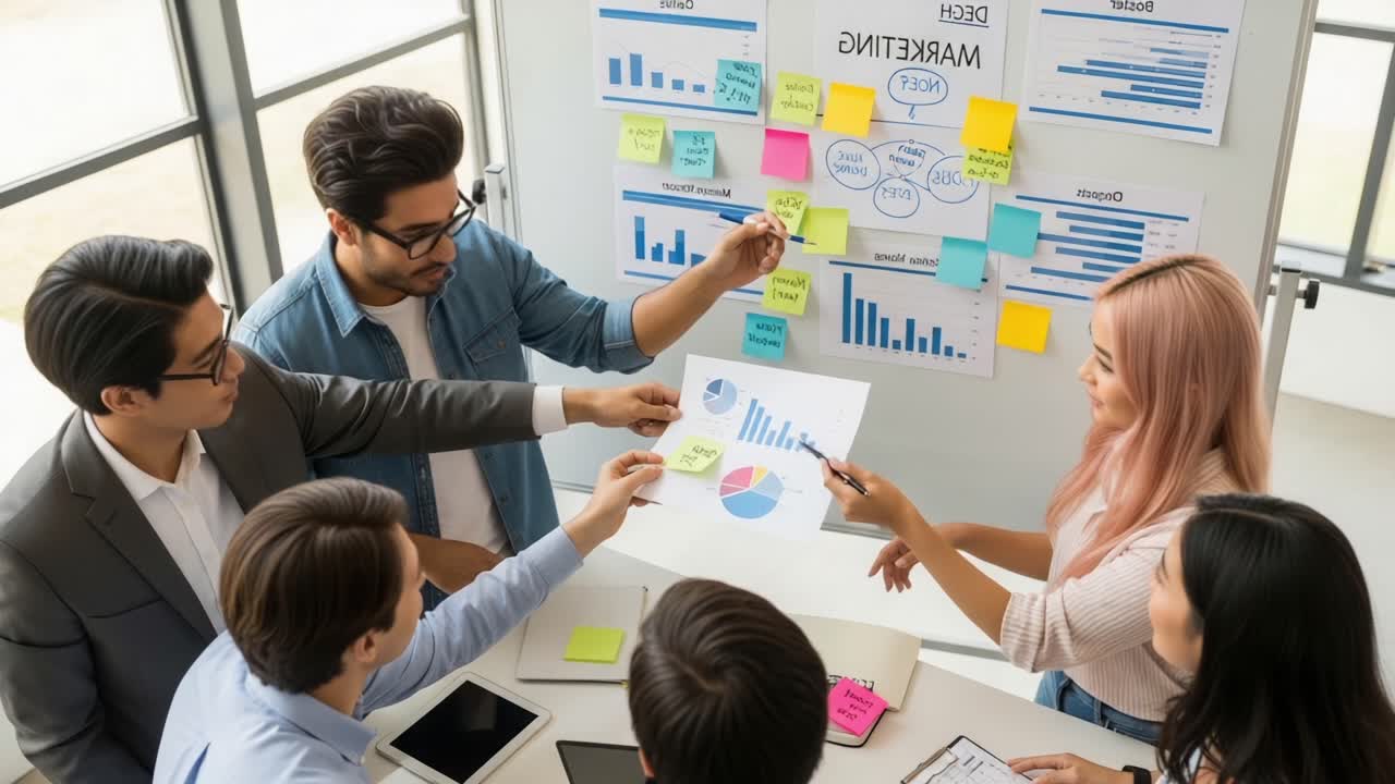 Collaborative Strategy Session: Team Engages in Creative Marketing Discussion with Charts, Graphs, and Notes on Whiteboard, Fostering Innovation and Ideas