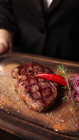 grilled steak with red pepper and onions