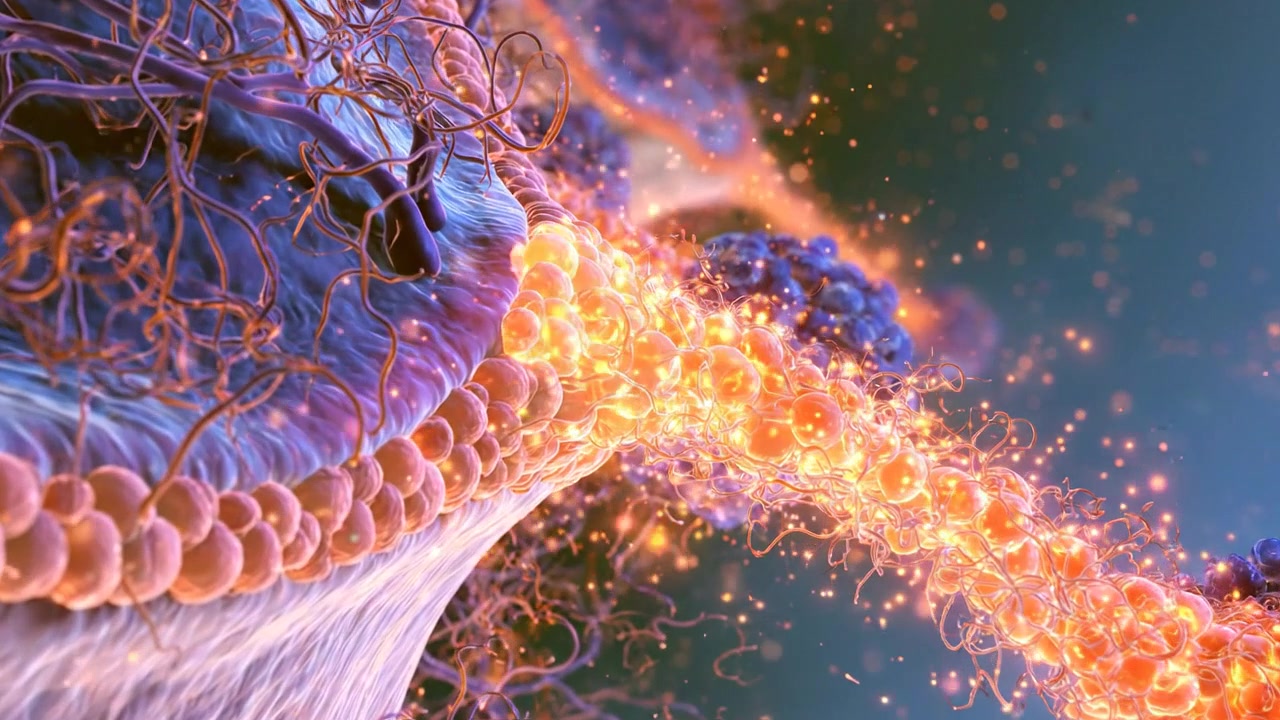 Fibre neurali arancioni e blu che trasmettono energia attraverso una rete biologica
