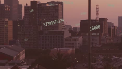 animación de múltiples números cambiantes flotando contra la vista aérea del paisaje urbano