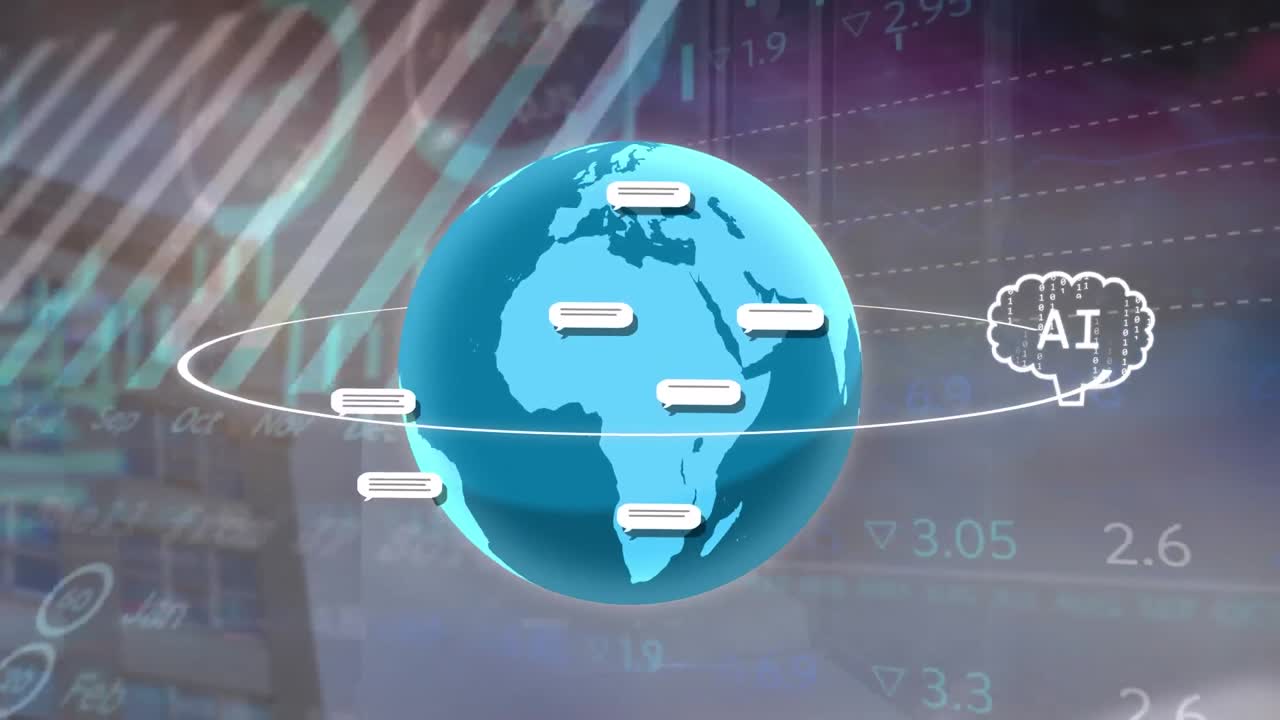 animación de un banner de texto sobre un globo giratorio contra el procesamiento de datos estadísticos y bursátiles