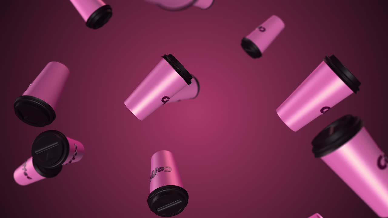 세 가지 색의 커피 컵 배경: 밝은 빛과 그림자와 함께 3d 추상 렌더링 커피  패턴: loopable 애니메이션: 분홍색 색