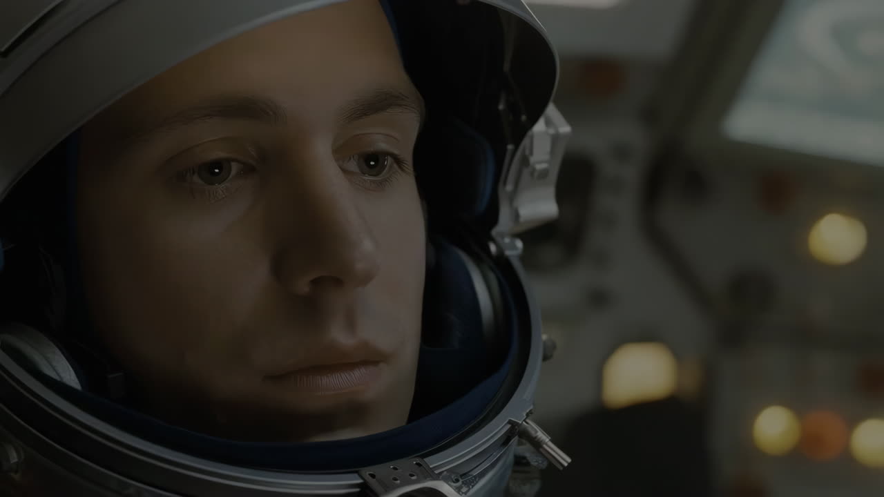 Close-up of an astronaut in a space suit helmet