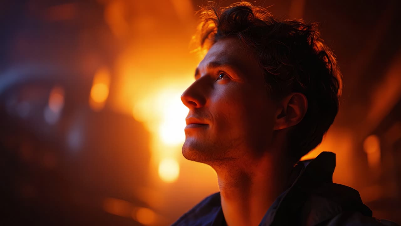 Un momento di riflessione: catturare l'introspezione di un giovane uomo su uno sfondo caldo e luminoso in un ambiente scarsamente illuminato