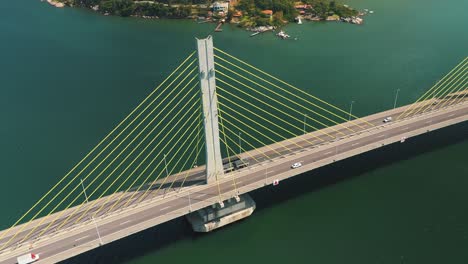 amazing aerial view bridge traffic above the turquoise color ocean, located in laguna, santa catarina, brazil