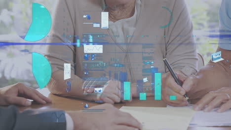 animation of statistics and data processing over senior people singing documents